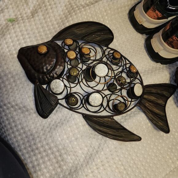 LARGE 15" METAL ORNATE FREE STANDING FIGURINE WITH Chrystalline POTTERY CABOCHON - Picture 3 of 5